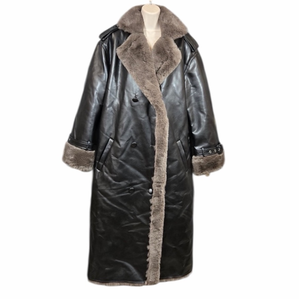 NWT WEWOREWHAT Bonded Faux Fur Trench Coat Vegan Leather Black Carmel 6822 - Picture 3 of 12